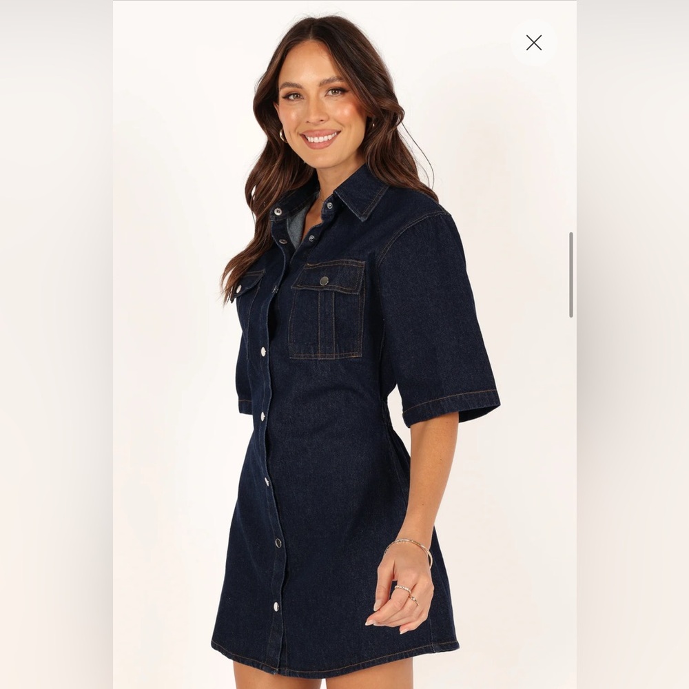 NWOT Petal & Pup Hailey Dark Blue Denim Mini Dress – Size L, Short Sleeve